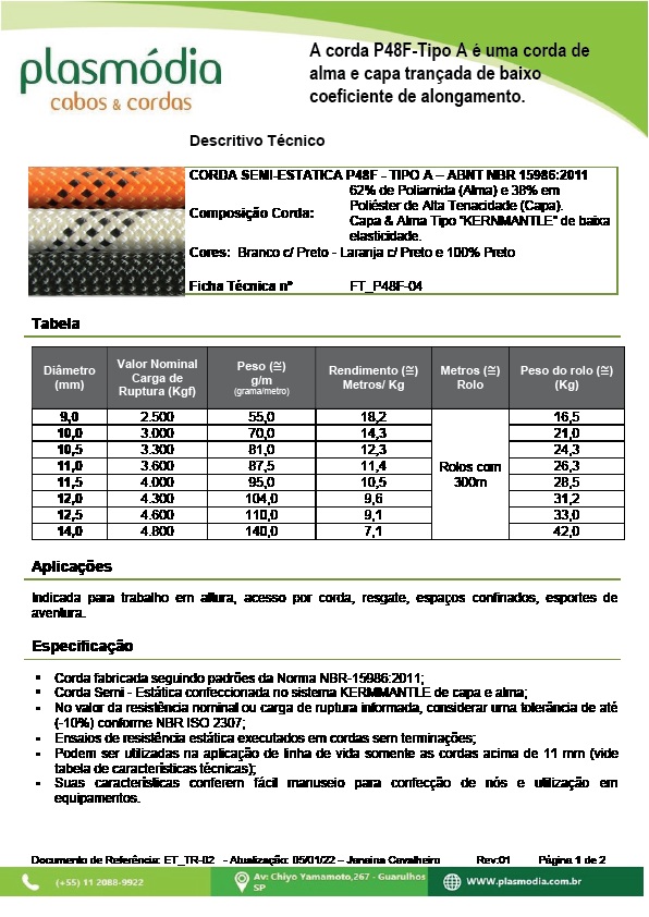 Corda Semi-Esttica Laranja 11 MM  tipo A NBR 15986:2011 PLASMDIA 